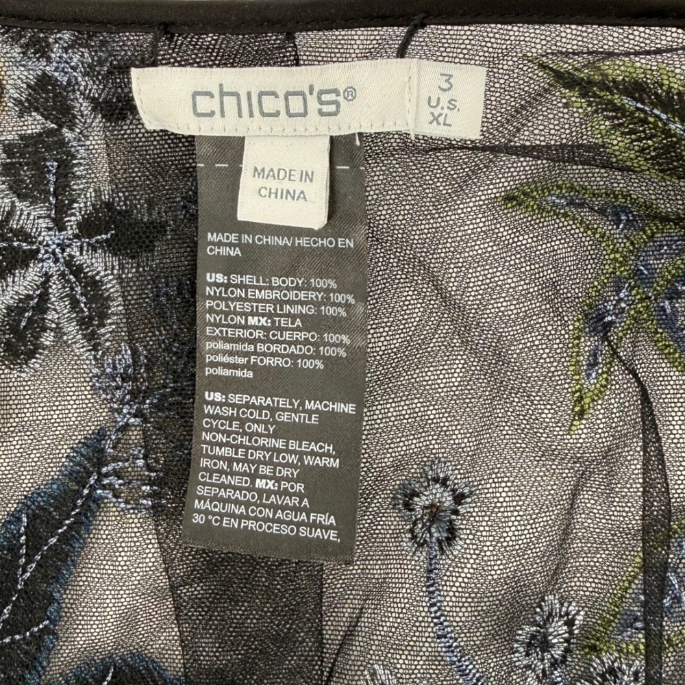 Chicos Floral Embroidered Sequin Mesh Open Front Topper Jacket Black Multi XL 3 - Picture 5 of 10